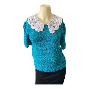 Vintage 80s Rainbow Ridge turquoise tweed knit women top with crochet collar.